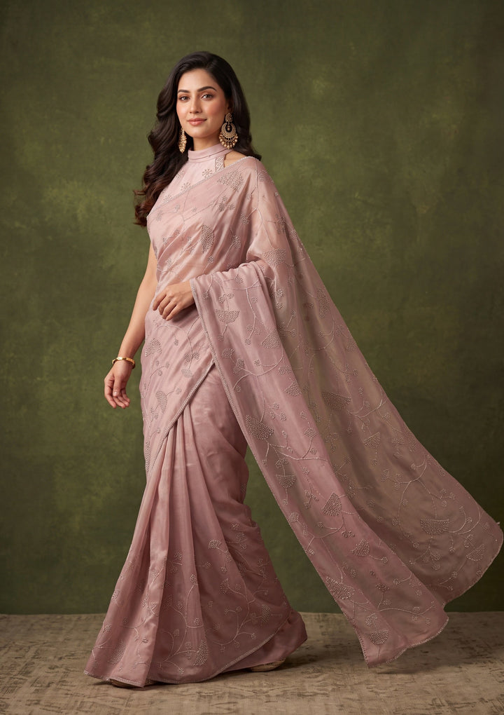 Light Lavender Tissue Gold Stonework Saree With Matching Blouse Piece