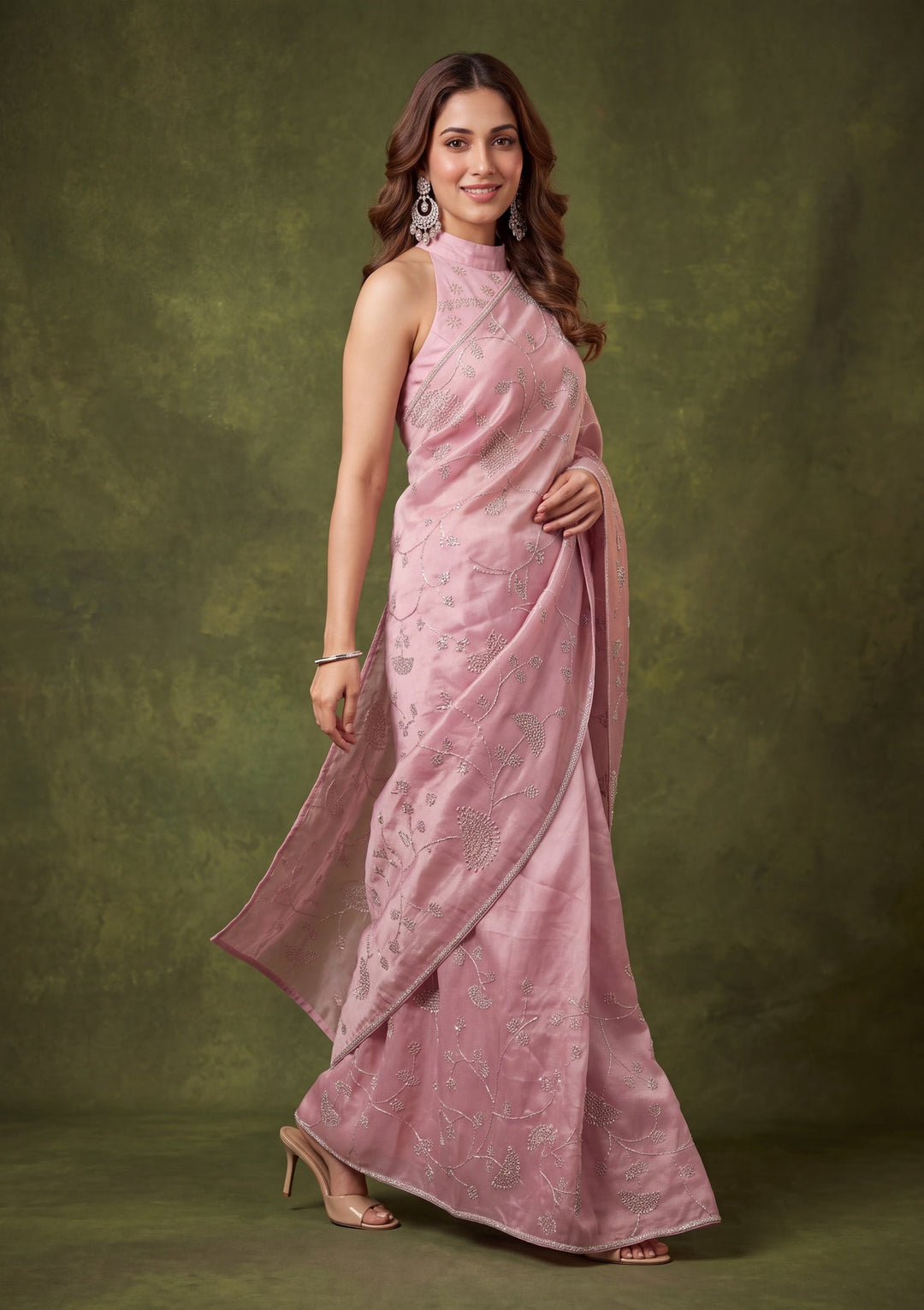 Onion Pink Tissue Gold Stonework Saree With Matching Blouse Piece