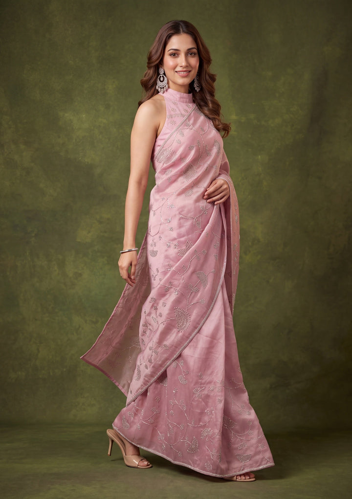 Onion Pink Tissue Gold Stonework Saree With Matching Blouse Piece