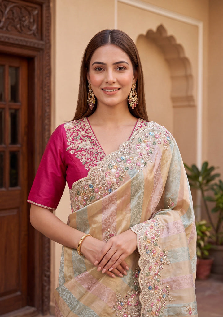Pink Tissue Threadwork Saree With Matching Blouse Piece