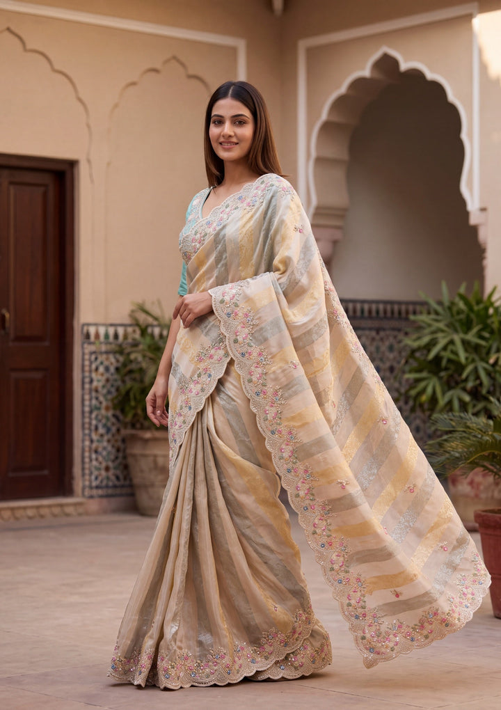 Sea Green Tissue Threadwork Saree With Matching Blouse Piece