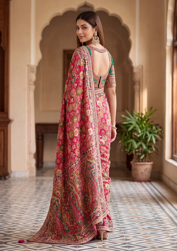 Rani Pink Satin Abstract Geometric Sequins Saree With Matching Blouse Piece