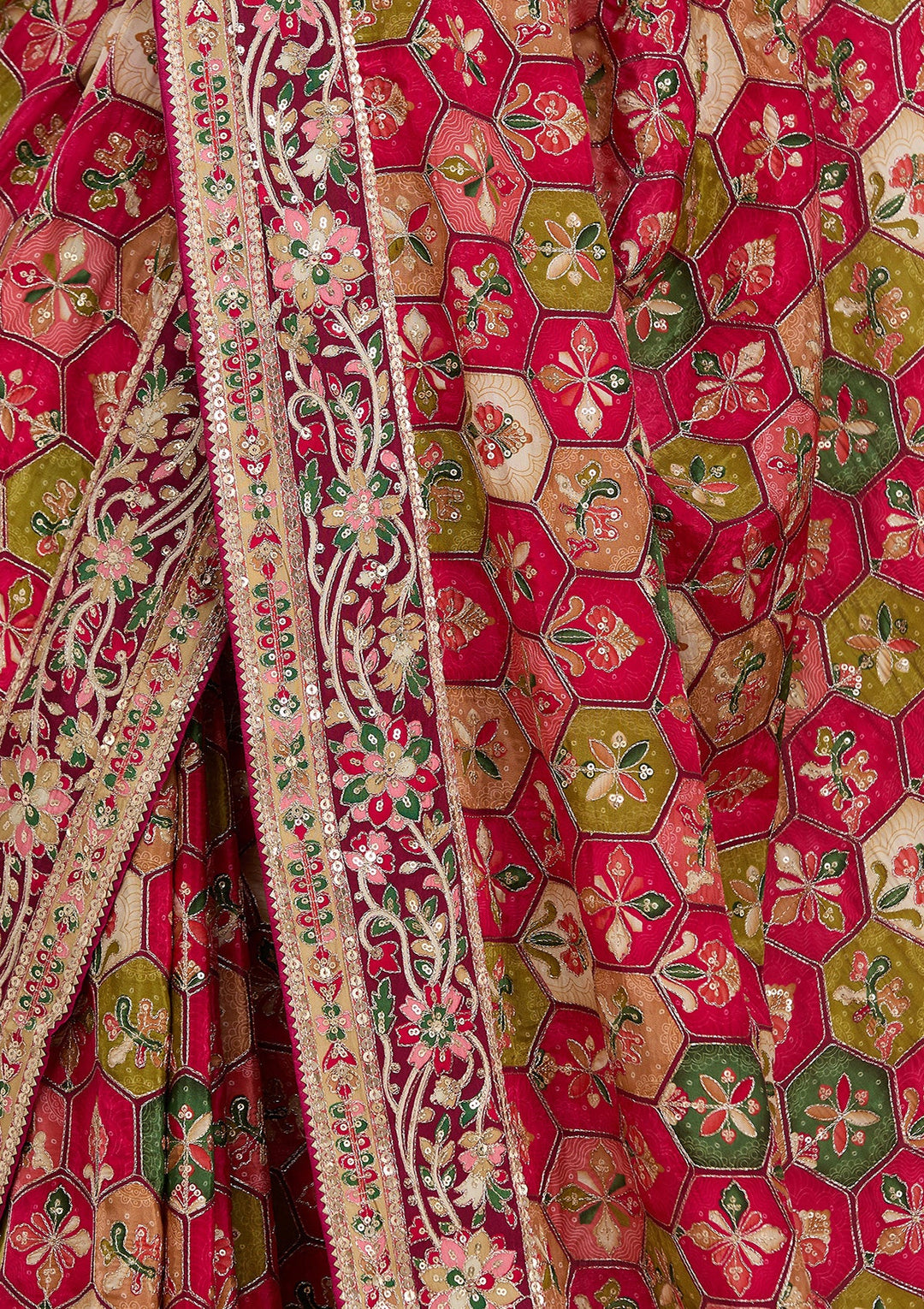 Rani Pink Satin Abstract Geometric Sequins Saree With Matching Blouse Piece
