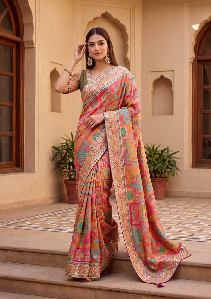 Orange Satin Abstract Geometric Sequins Saree With Matching Blouse Piece