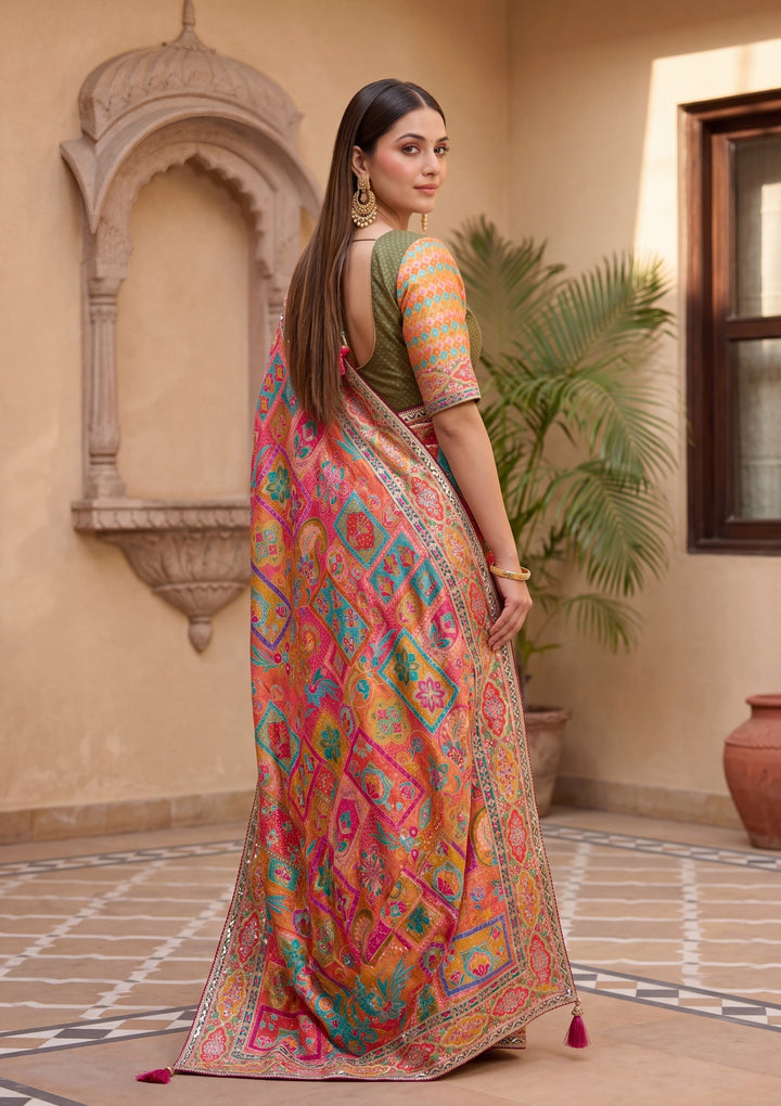 Orange Satin Abstract Geometric Sequins Saree With Matching Blouse Piece