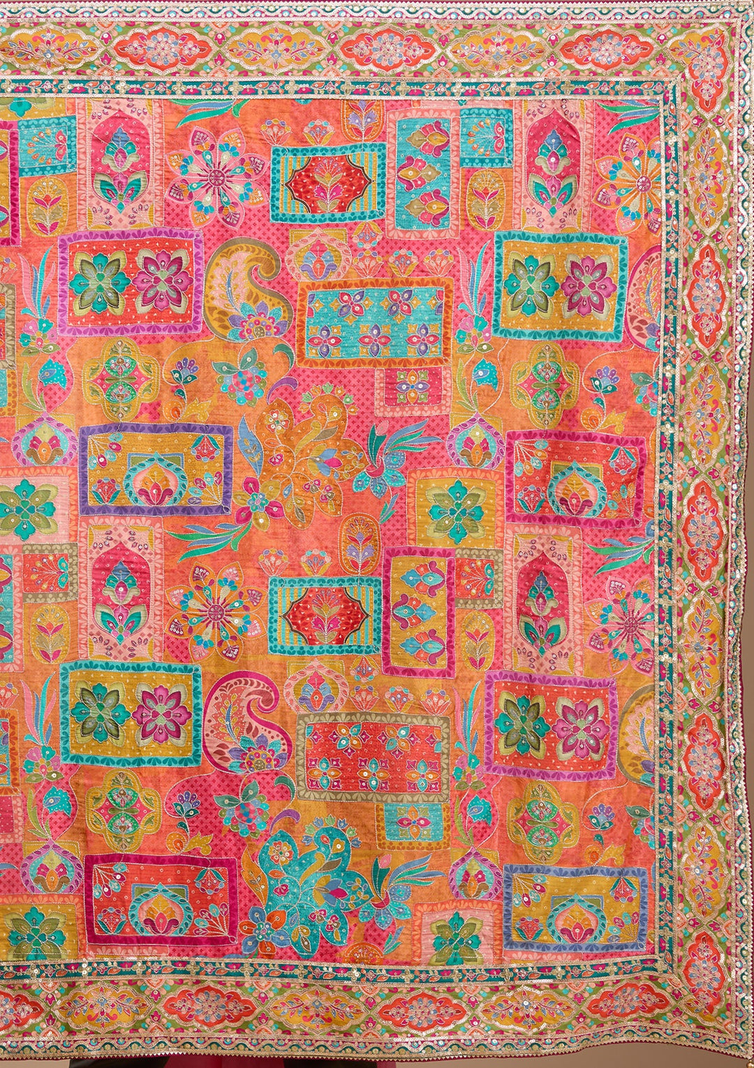 Orange Satin Abstract Geometric Sequins Saree With Matching Blouse Piece