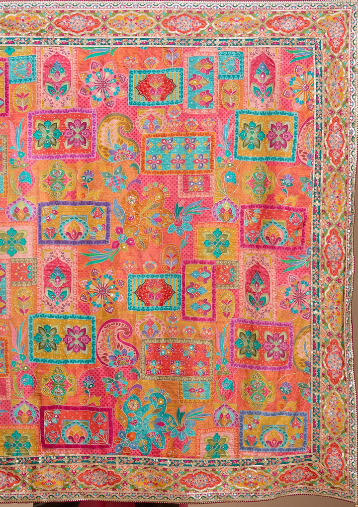 Orange Satin Abstract Geometric Sequins Saree With Matching Blouse Piece