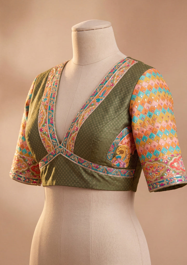 Orange Satin Abstract Geometric Sequins Saree With Matching Blouse Piece