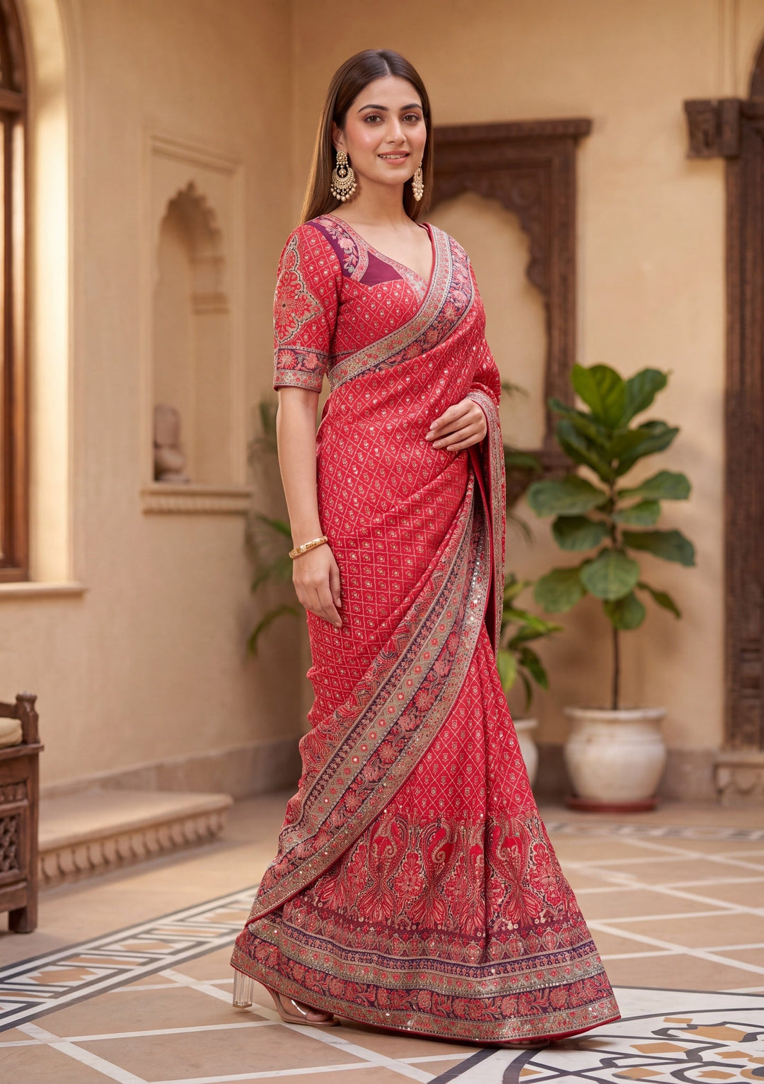Red Satin Abstract Geometric Sequins Saree With Matching Blouse Piece