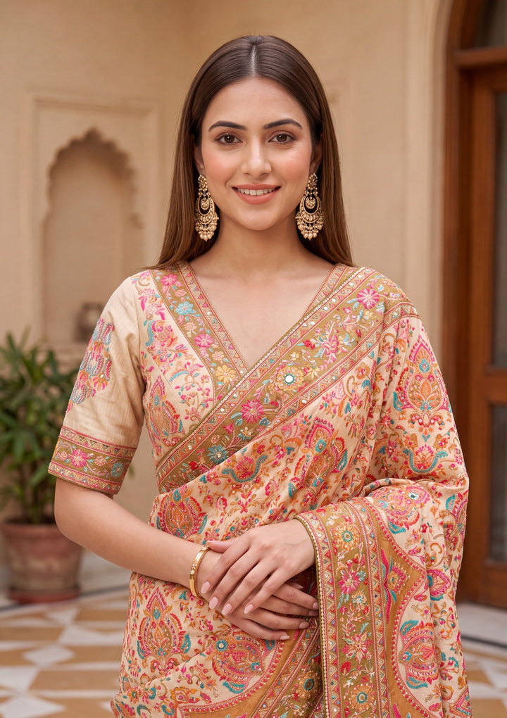 Multi Satin Abstract Geometric Sequins Saree With Matching Blouse Piece