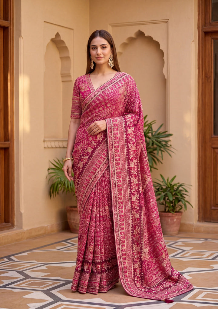 Pink Satin Abstract Geometric Sequins Saree With Matching Blouse Piece
