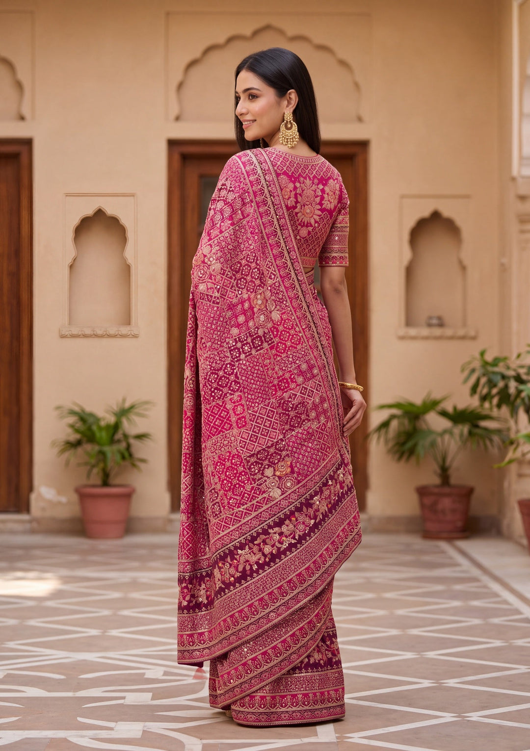 Pink Satin Abstract Geometric Sequins Saree With Matching Blouse Piece