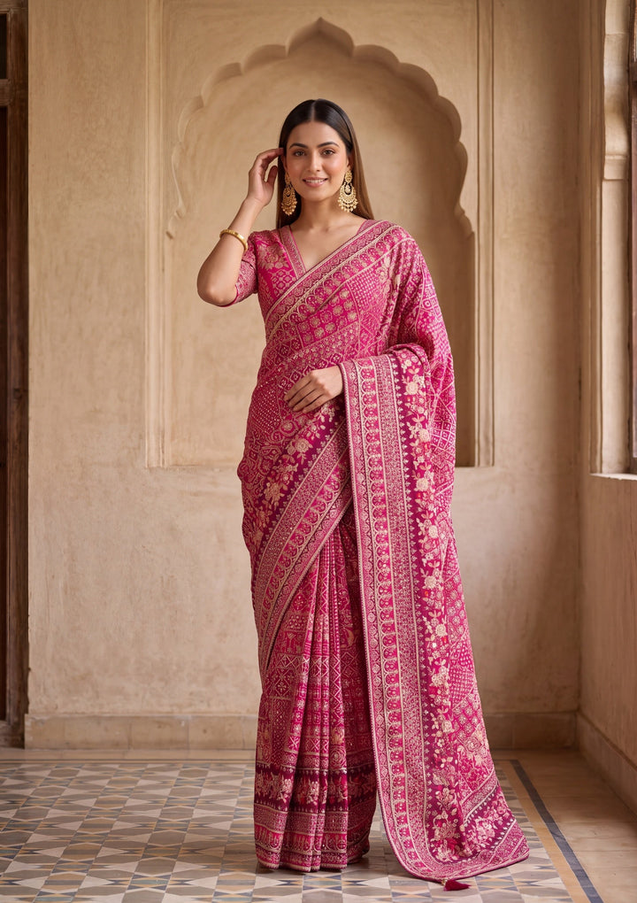 Pink Satin Abstract Geometric Sequins Saree With Matching Blouse Piece