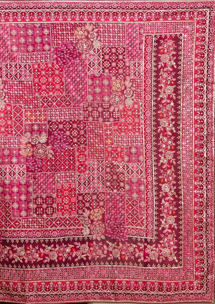 Pink Satin Abstract Geometric Sequins Saree With Matching Blouse Piece
