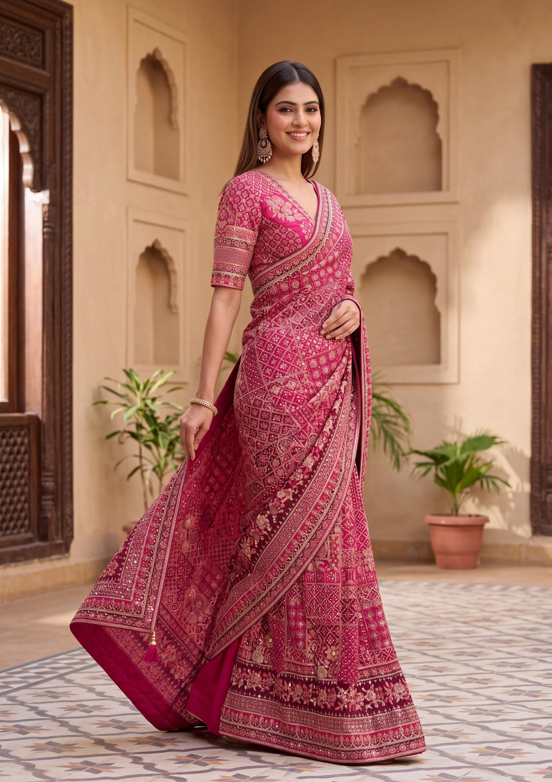 Pink Satin Abstract Geometric Sequins Saree With Matching Blouse Piece
