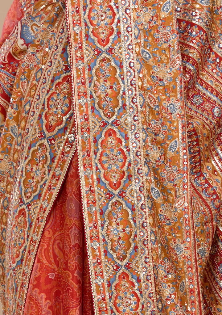 Rust Satin Abstract Geometric Sequins Saree With Matching Blouse Piece