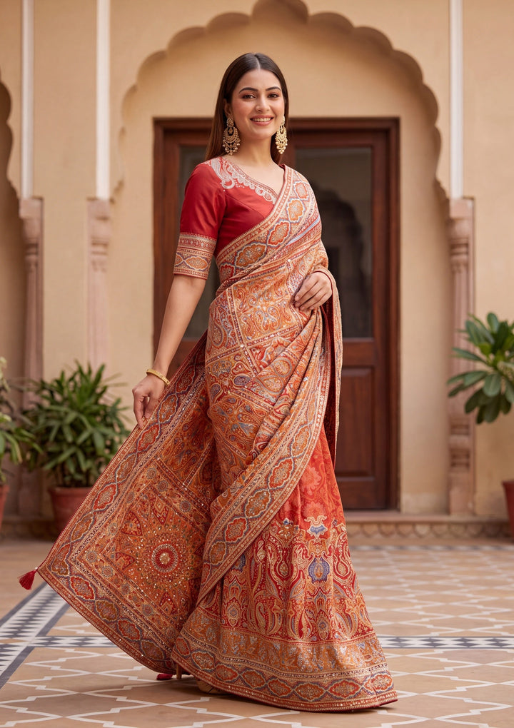 Rust Satin Abstract Geometric Sequins Saree With Matching Blouse Piece