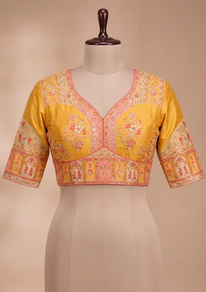 Yellow Satin Abstract Geometric Sequins Saree With Matching Blouse Piece