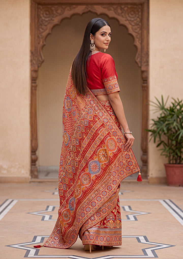 Orange Satin Abstract Geometric Sequins Saree With Matching Blouse Piece
