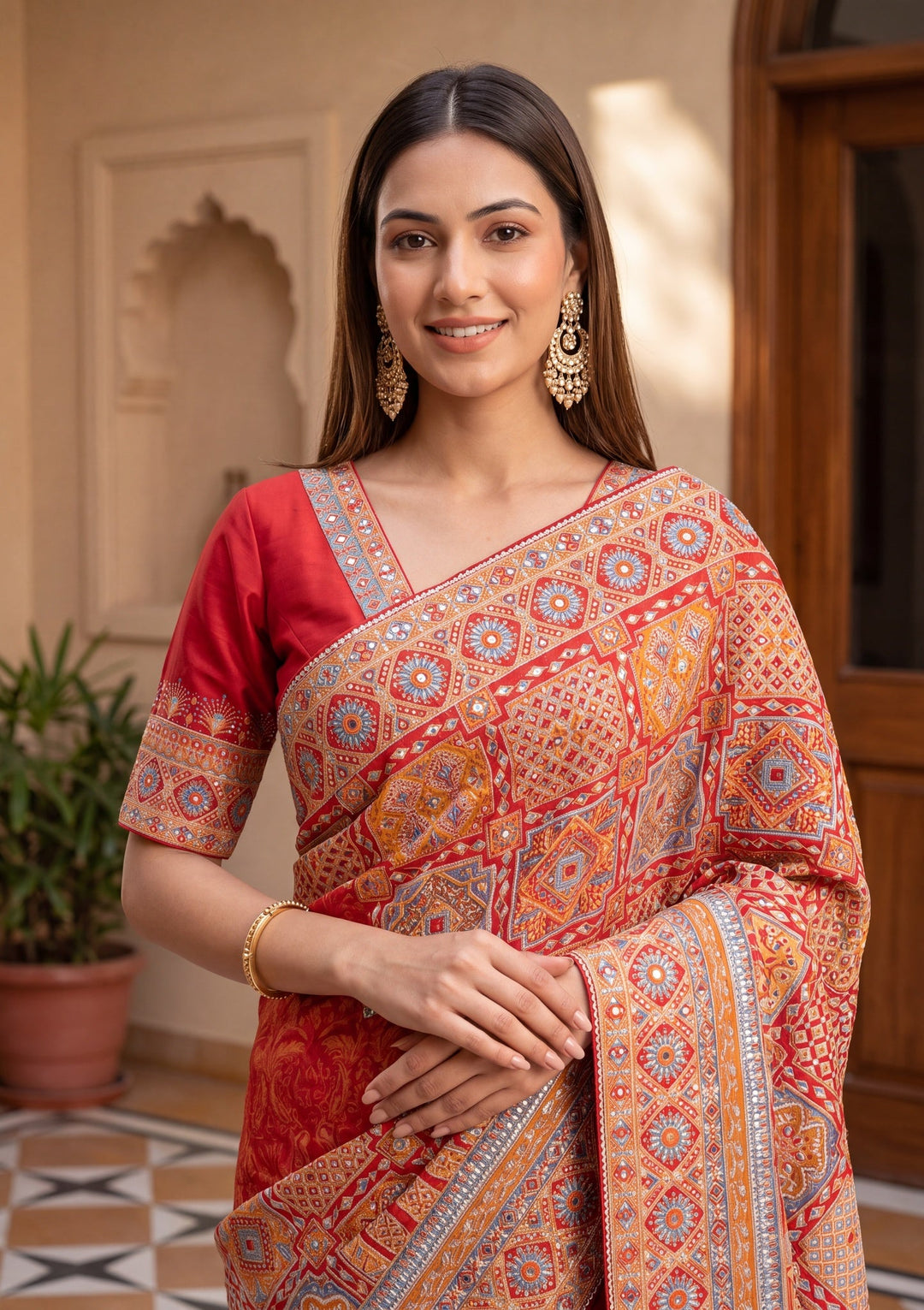 Orange Satin Abstract Geometric Sequins Saree With Matching Blouse Piece