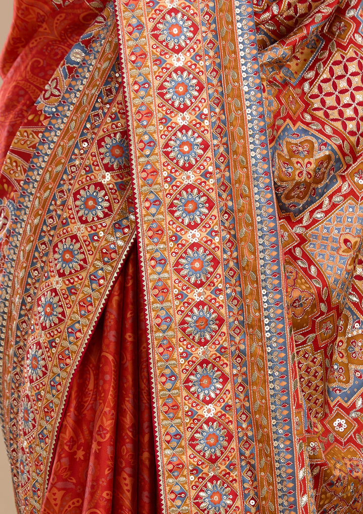 Orange Satin Abstract Geometric Sequins Saree With Matching Blouse Piece