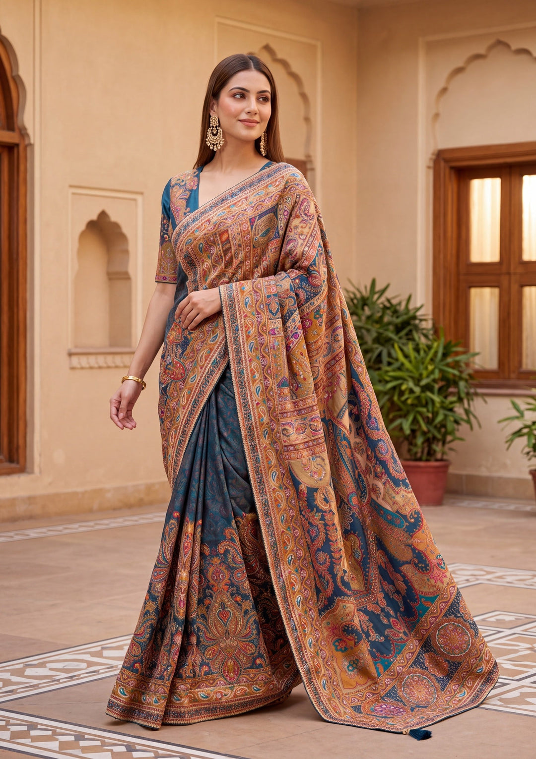 Peacock Blue Satin Abstract Geometric Sequins Saree With Matching Blouse Piece