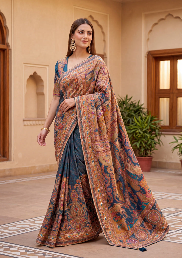 Peacock Blue Satin Abstract Geometric Sequins Saree With Matching Blouse Piece