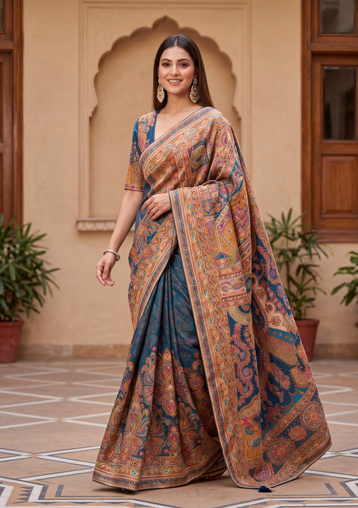 Peacock Blue Satin Abstract Geometric Sequins Saree With Matching Blouse Piece