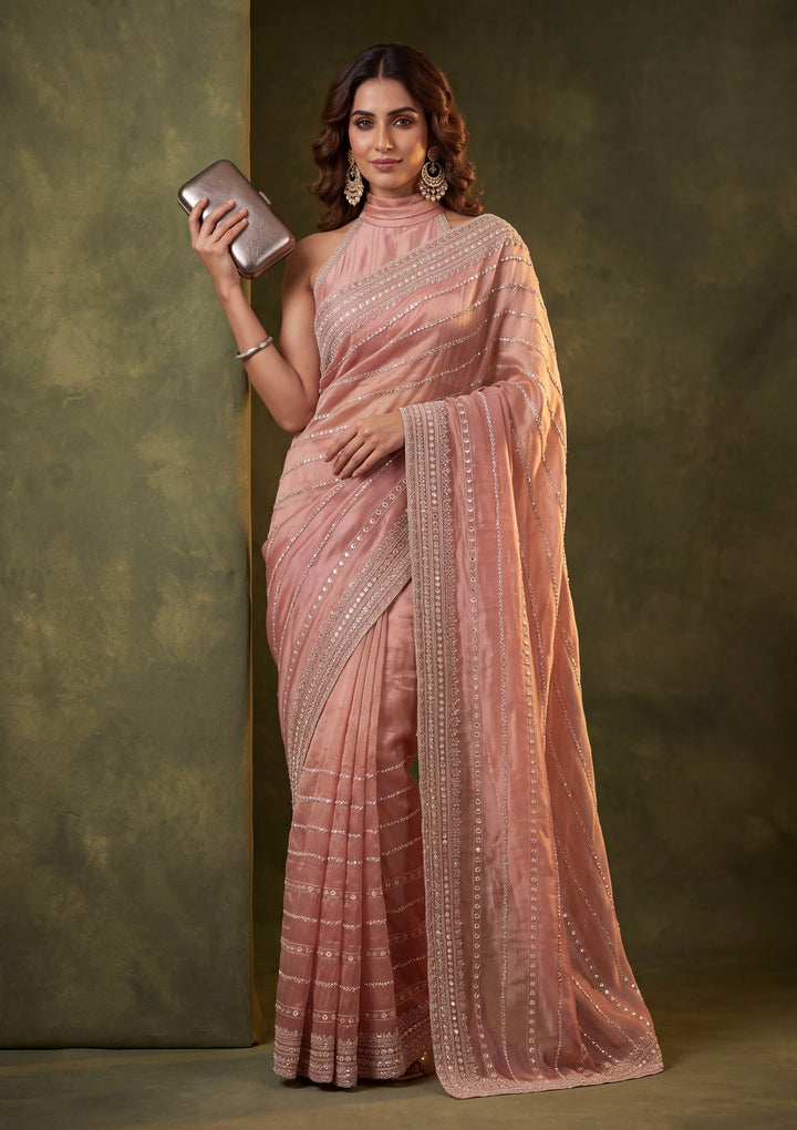 Onion Pink Crepe Sequins Saree With Matching Blouse Piece