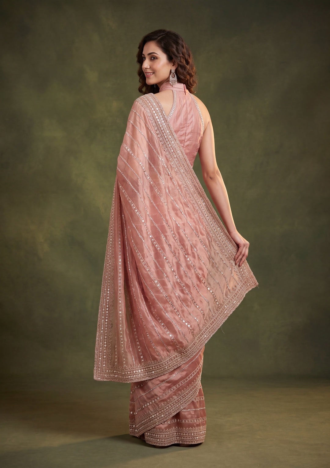 Onion Pink Crepe Sequins Saree With Matching Blouse Piece