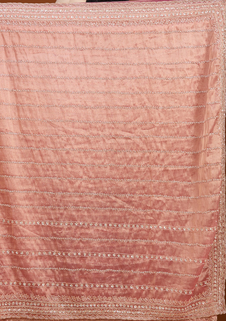 Onion Pink Crepe Sequins Saree With Matching Blouse Piece