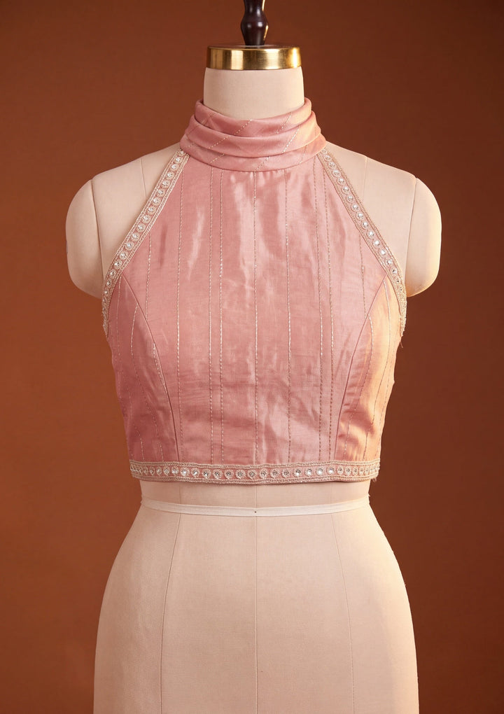 Onion Pink Crepe Sequins Saree With Matching Blouse Piece
