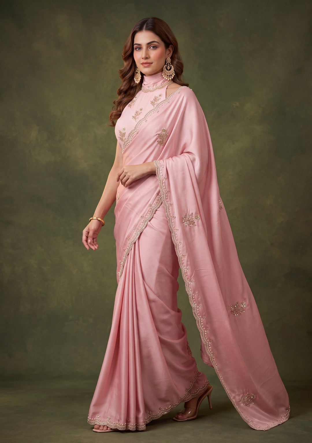 Baby Pink Crepe Sequins Saree With Matching Blouse Piece
