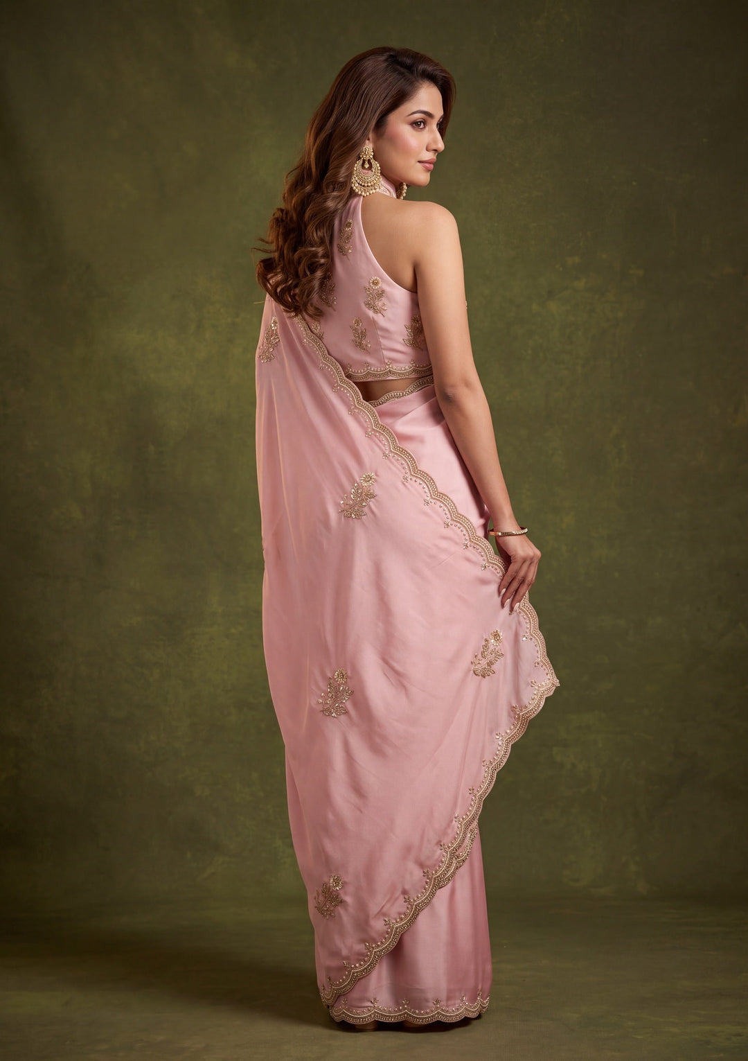 Baby Pink Crepe Sequins Saree With Matching Blouse Piece