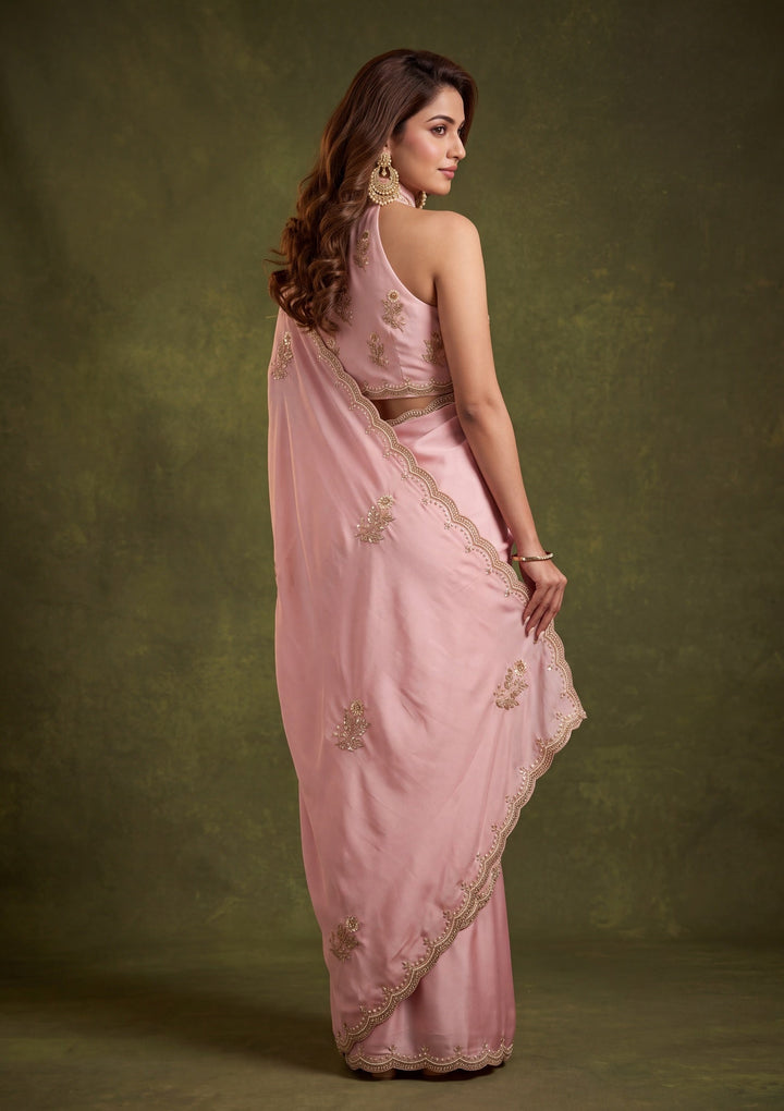 Baby Pink Crepe Sequins Saree With Matching Blouse Piece