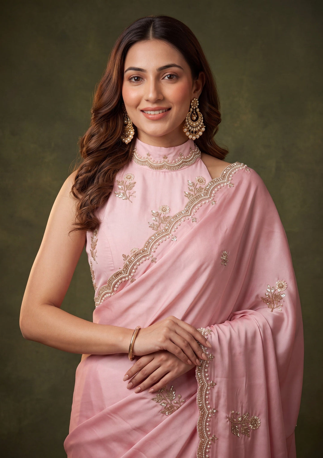 Baby Pink Crepe Sequins Saree With Matching Blouse Piece