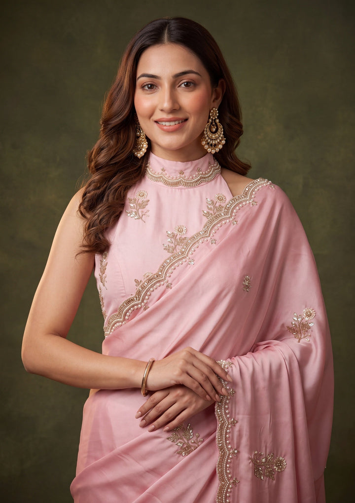 Baby Pink Crepe Sequins Saree With Matching Blouse Piece