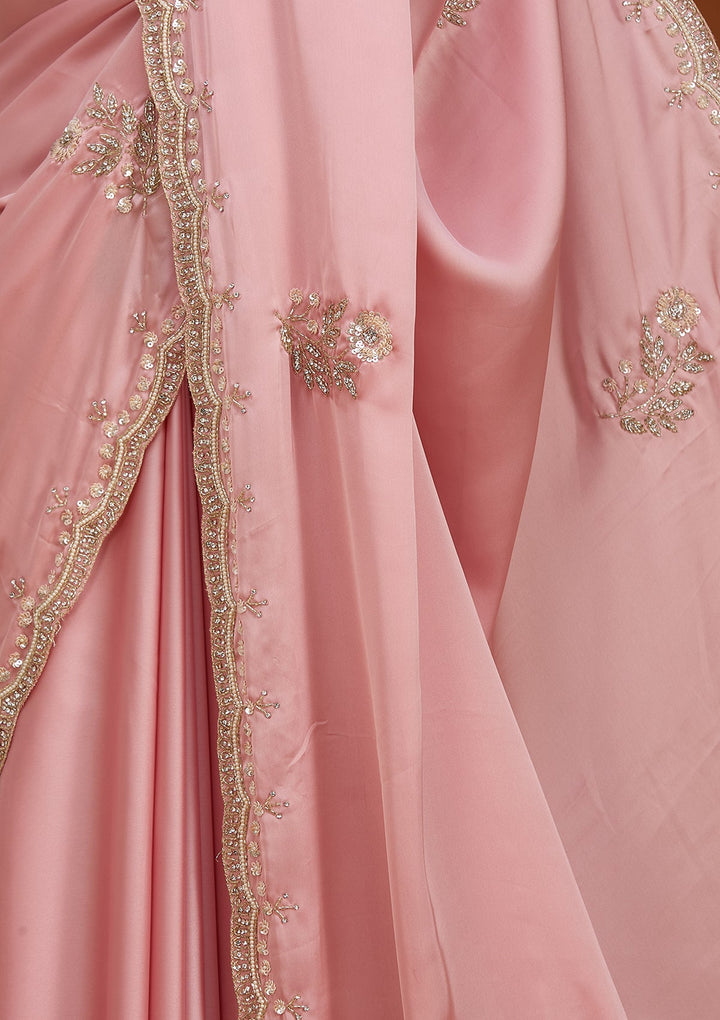 Baby Pink Crepe Sequins Saree With Matching Blouse Piece