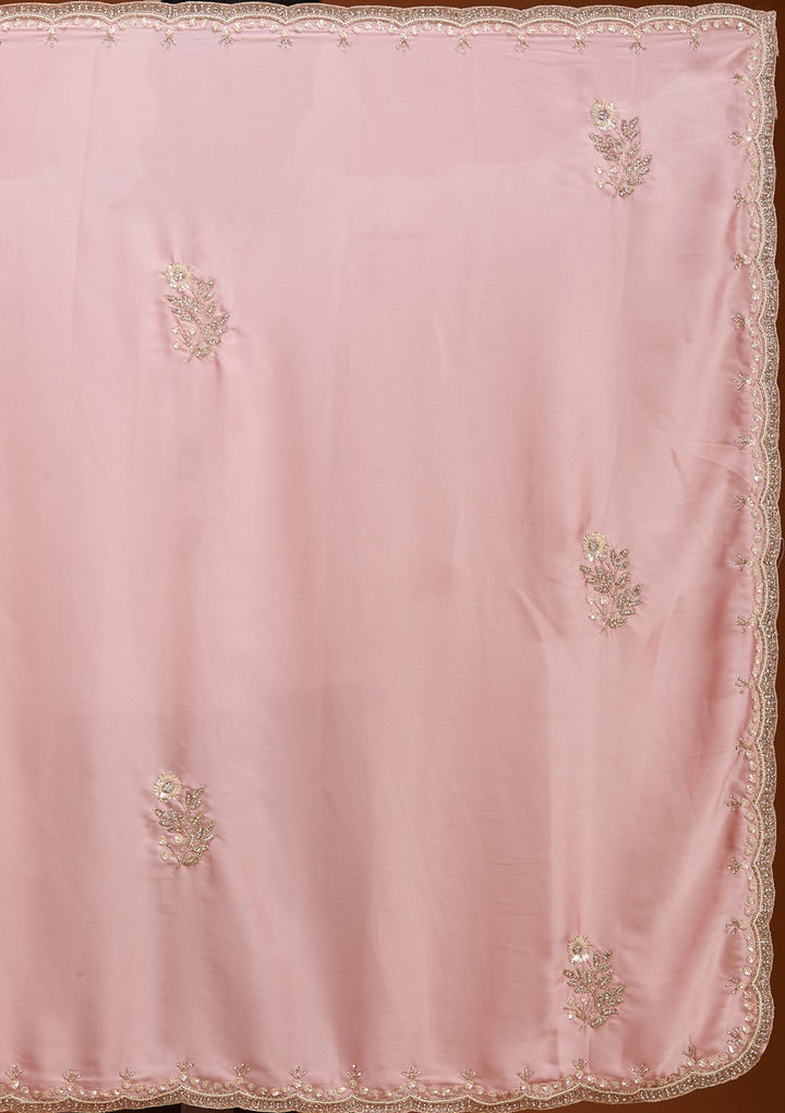 Baby Pink Crepe Sequins Saree With Matching Blouse Piece