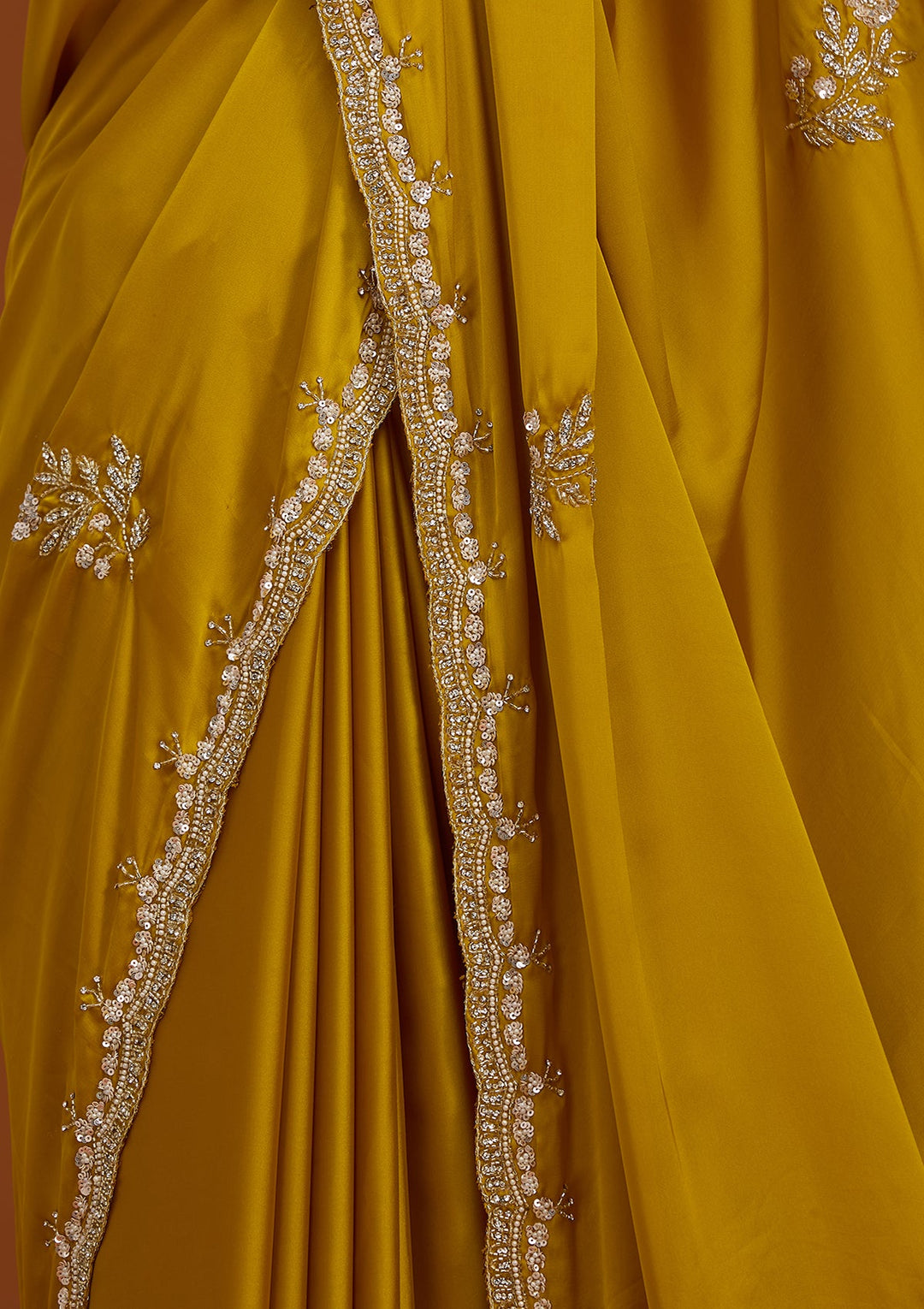 Mustard Yellow Crepe Sequins Saree With Matching Blouse Piece
