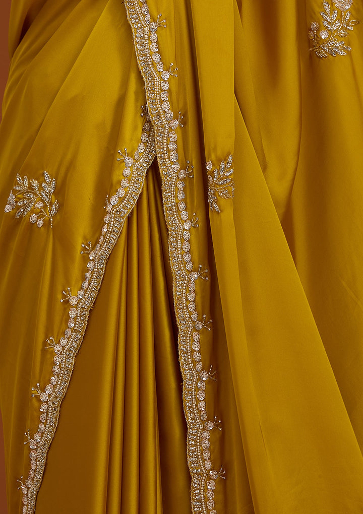 Mustard Yellow Crepe Sequins Saree With Matching Blouse Piece