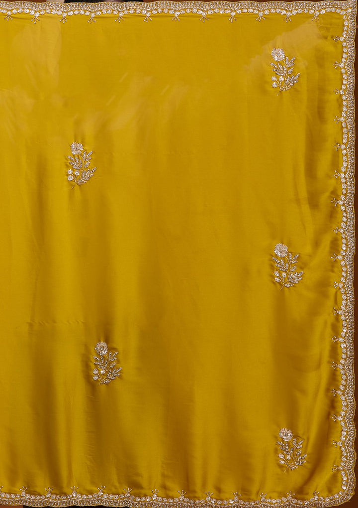 Mustard Yellow Crepe Sequins Saree With Matching Blouse Piece
