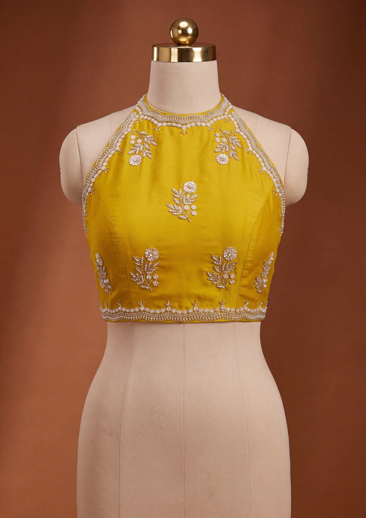 Mustard Yellow Crepe Sequins Saree With Matching Blouse Piece