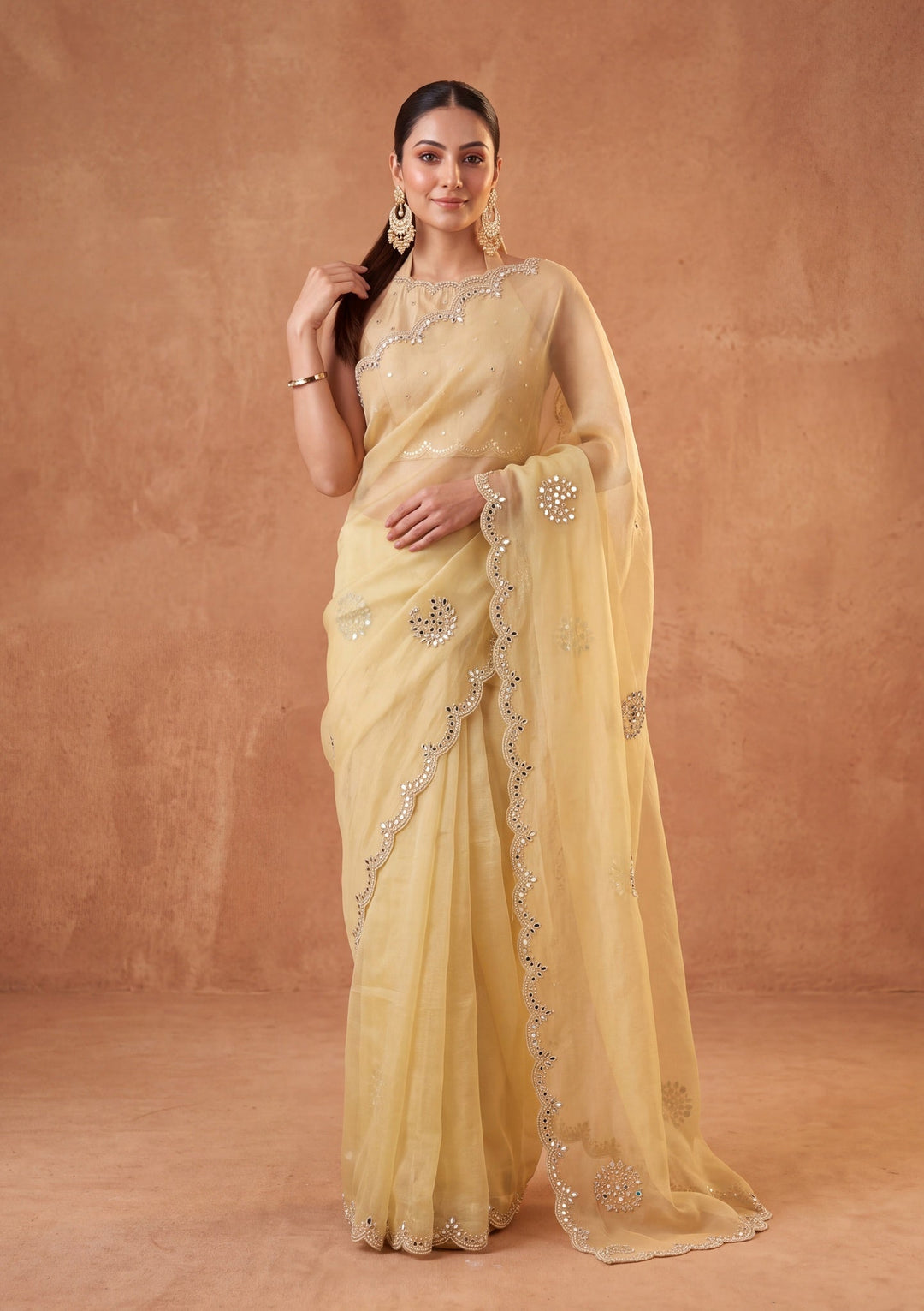 Lemon Yellow Tissue Mirrorwork Saree With Matching Blouse Piece