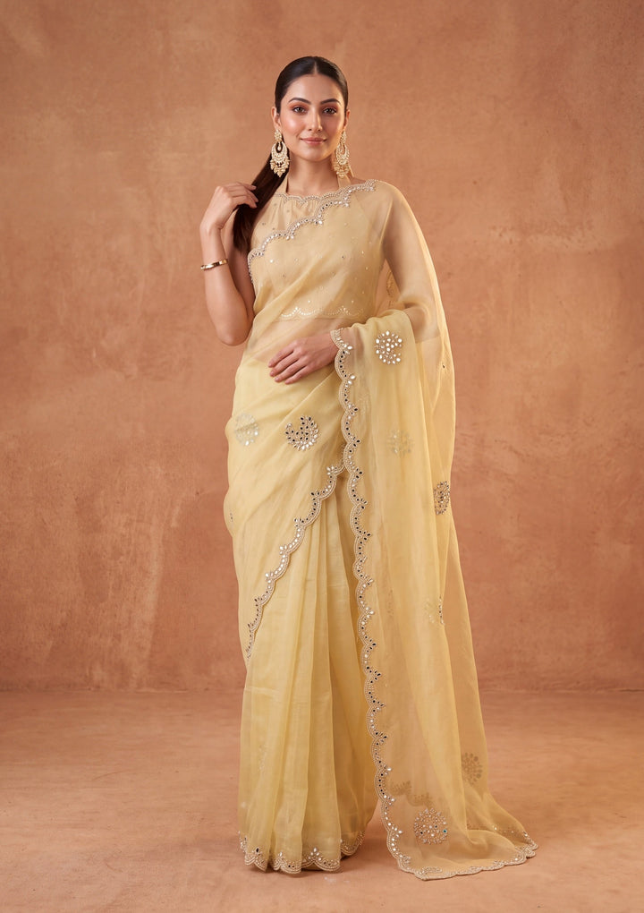 Lemon Yellow Tissue Mirrorwork Saree With Matching Blouse Piece
