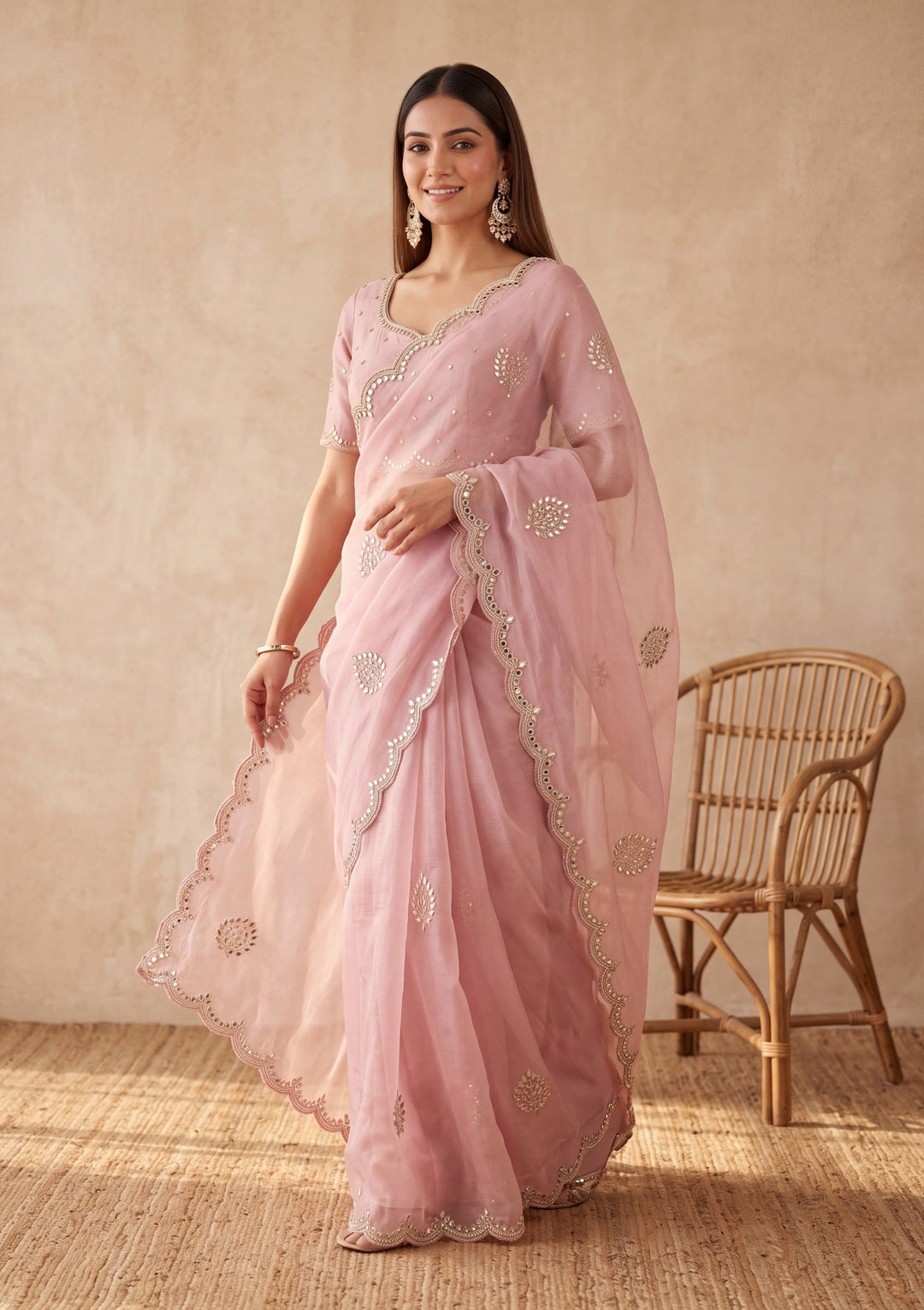 Pink Tissue Mirrorwork Saree With Matching Blouse Piece