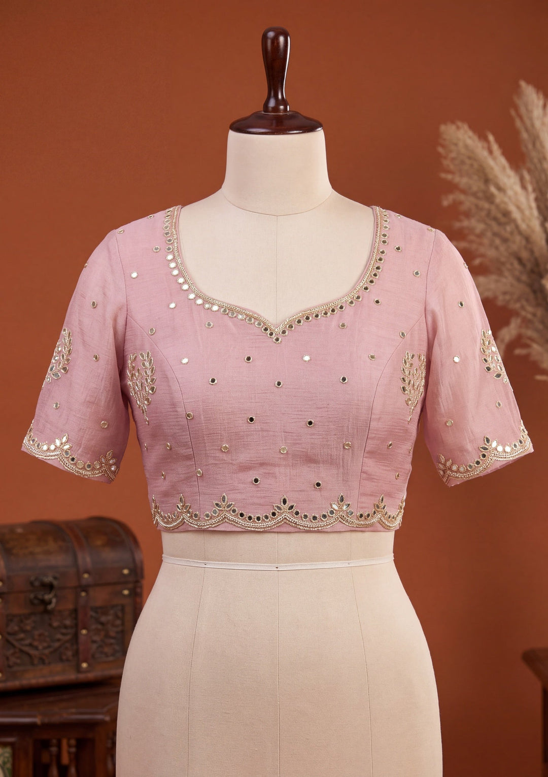 Pink Tissue Mirrorwork Saree With Matching Blouse Piece