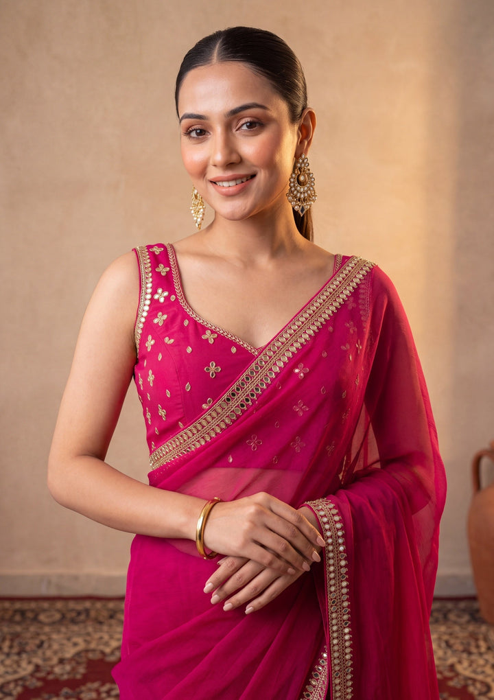 Rani Pink Georgette  Mirrorwork Saree With Matching Blouse Piece