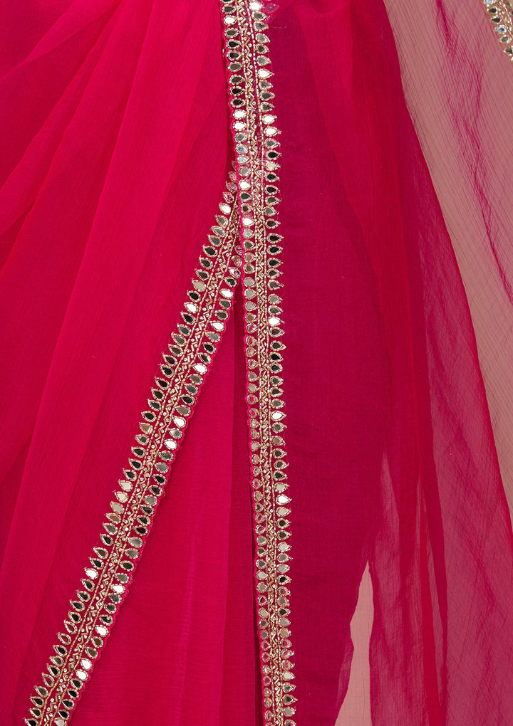 Rani Pink Georgette  Mirrorwork Saree With Matching Blouse Piece