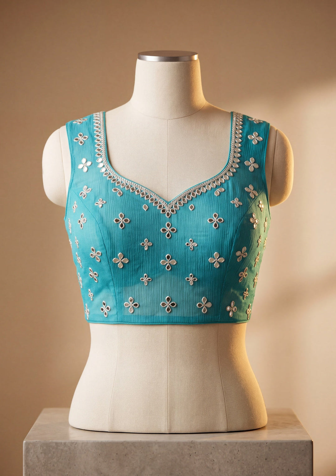 Turquoise Blue Georgette  Mirrorwork Saree With Matching Blouse Piece